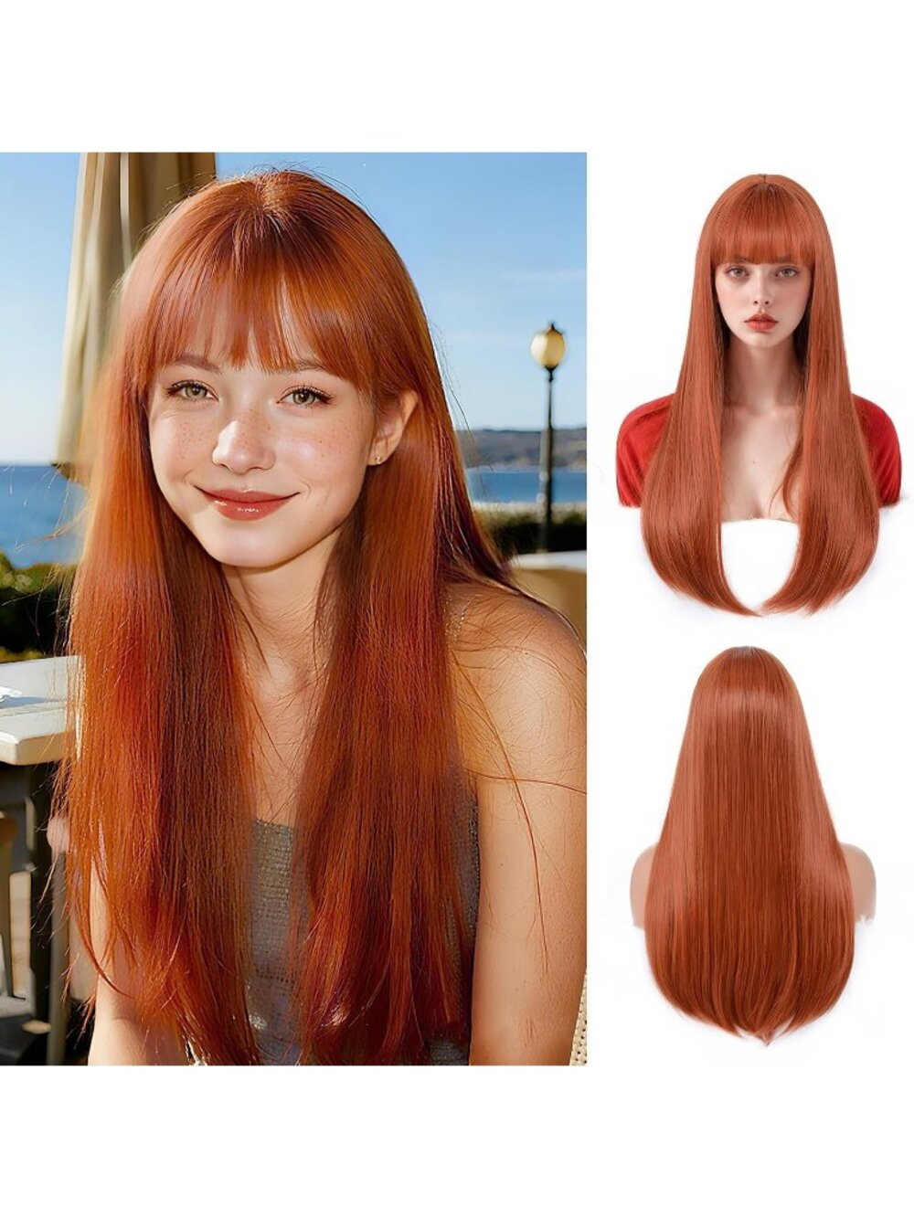 Women's Ginger 24 Inch Heat Resistant Synthetic Long Straight Bangs Wig